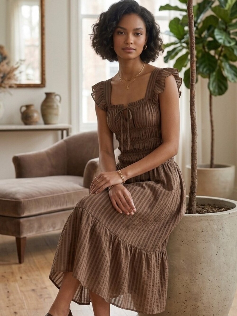 Steve Madden Brown Ruched Midi Dress with Ruffle Straps